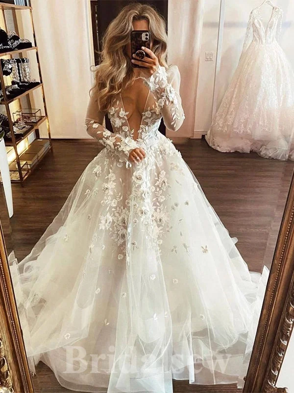 S - curve - flattering mermaid wedding dressA-line Deep V-Neck Popular Long Sleeves Garden Beach Vintage Long Wedding Dresses, Bridal Gown WD437
