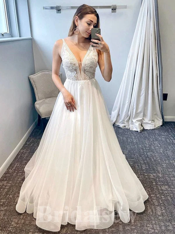 A - line ball gown wedding dress with cathedral trainA-line Dream Unique V-Neck Garden Beach Vintage Long Wedding Dresses, Bridal Gown WD436