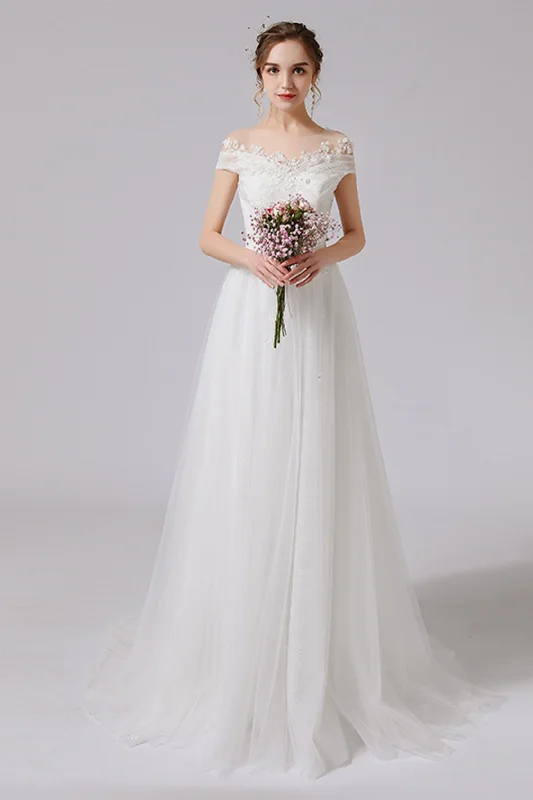 High - low hem wedding dress for a trendy touchA-Line Sweep-Brush Train Lace Tulle Wedding Dress CW2711