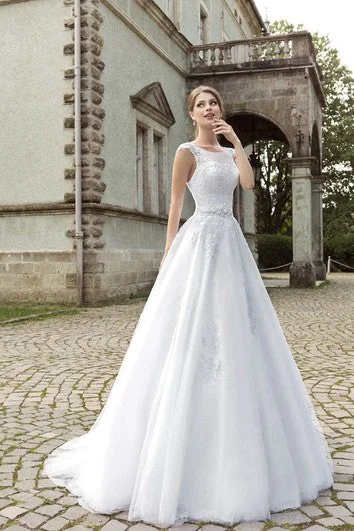 Lace - up back wedding dress for a customizable fitA-line Illusion Back Appliques Sleeveless Dress