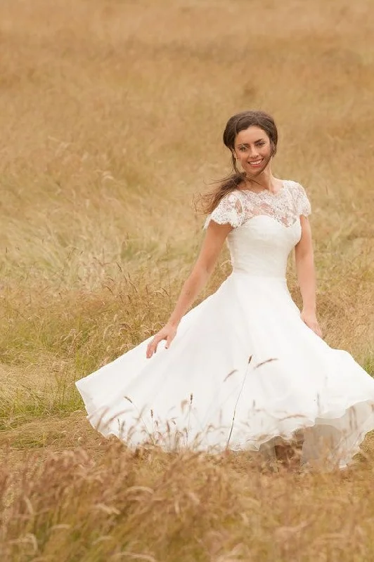 Sheath - style wedding dress with a slitA-line Lace Chiffon Tea-Length Wedding Dresses with Sleeves Sheath - style wedding dress with a slitA-line Lace Chiffon Tea-Length Wedding Dresses with Sleeves