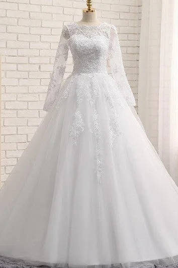 Sleeve - less wedding dress for a summer weddingA-Line Long Jewel Long Sleeve Appliques Chapel Train Zipper Lace-Up Back Tulle Lace Sequins Dress
