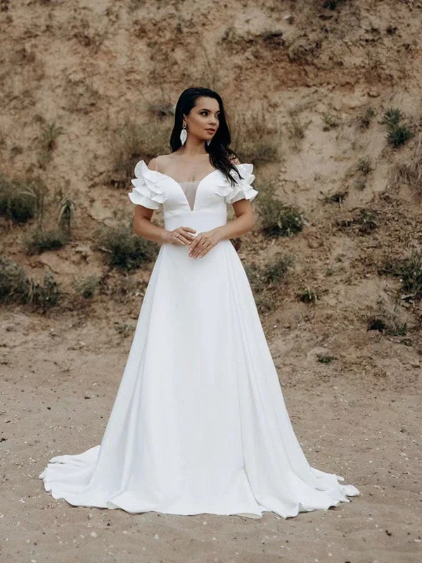 Colorful non - white wedding dress for a bold brideA-line off Shoulder Wedding Dresses, Popular Beach Wedding Dresses, 2022 Newest Bridal Gowns