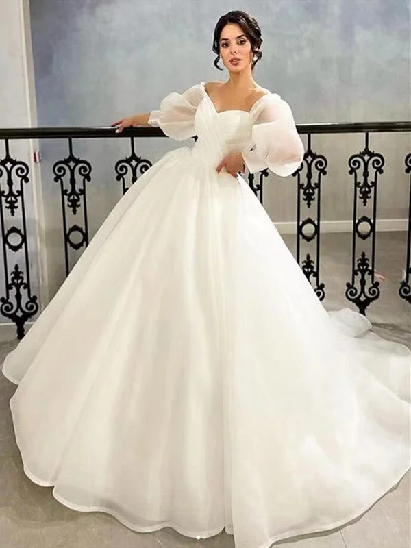 Floral - appliqued wedding dress for a feminine lookA-line Pluffy Popular Bridal Gowns, Newest 2022 Wedding Dresses, Bubble Sleeves Wedding Gowns