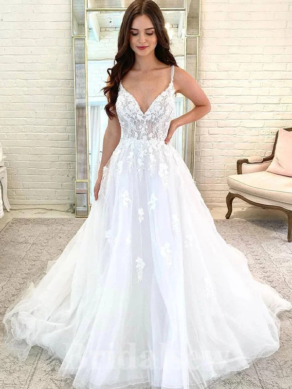 Floral - appliqued wedding dress for a feminine lookA-line Princess Spaghetti Straps Garden Fairy Beach Vintage Long Wedding Dresses, Dream Bridal Gown WD430