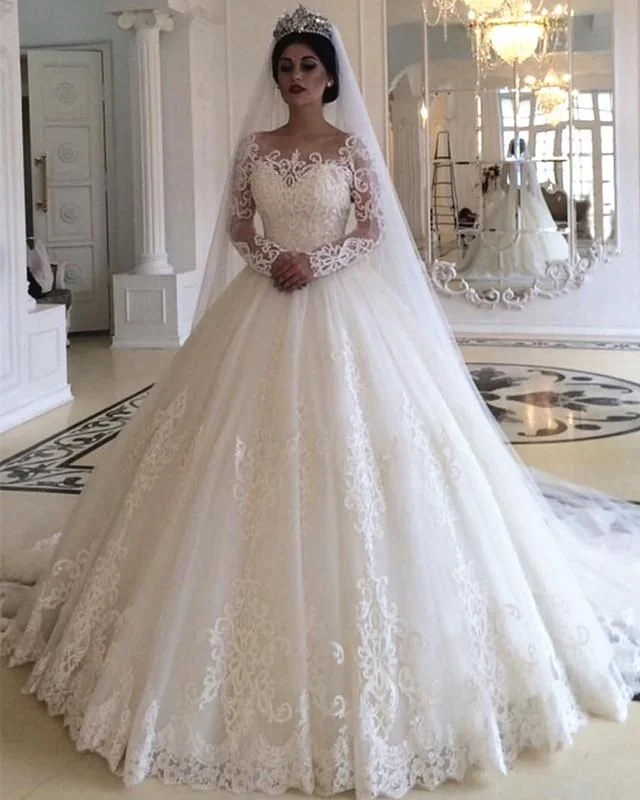 Ruffled - skirt wedding dress for a romantic lookPrincess Style Long Sleeves Lace Wedding Dresses     cg20117