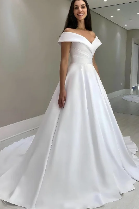 Mermaid - fit wedding dress with a trumpet skirtA-line Satin Bride Wedding Gown with Fold Off-the-shoulder Neckline