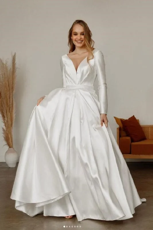 Strapless ball gown wedding dressA-line Satin Long-Sleeve Wedding Gown with V-neckline