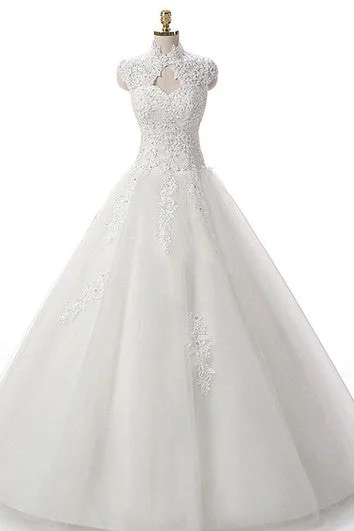 Plus - size A - line wedding dress for a comfortable fitA-Line Short High Neck Straps Cap Ruching Beading Appliques Backless Corset Back Straps Keyhole Tulle Lace Sequins Dress