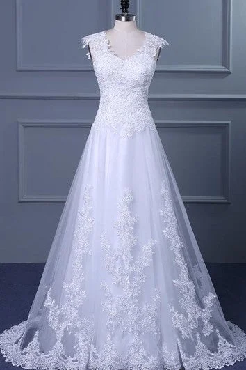 Gemstone - embellished wedding dressA-Line V-Neck Sweep Train Lace Sequins Dress