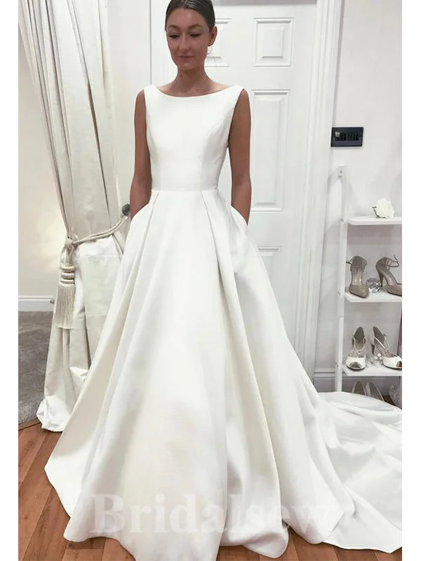 Off - the - shoulder ball gown wedding dressA-line Simple Satin Sleeveless Garden Beach Vintage Long Wedding Dresses, Bridal Gown WD438
