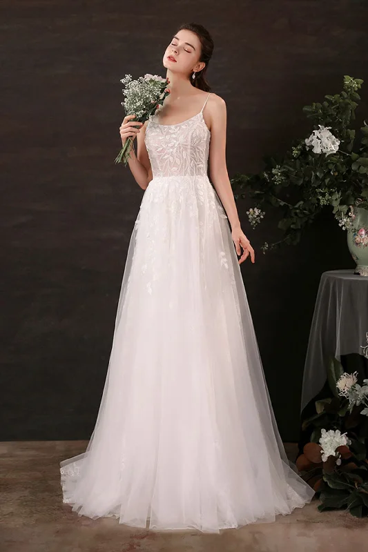 Dark - colored wedding dress for a mysterious brideA-Line Sweep-Brush Train Lace Tulle Wedding Dress CW2684