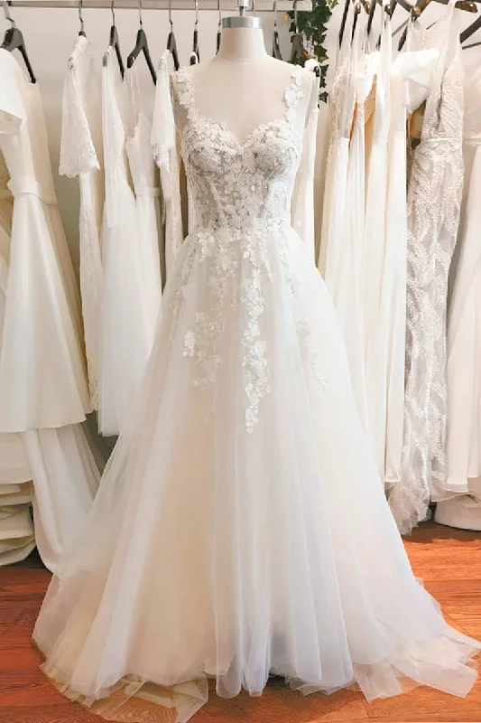 Dainty beaded wedding dress for a glamorous lookA-Line Sweep-Brush Train Lace Tulle Wedding Dress CW3101