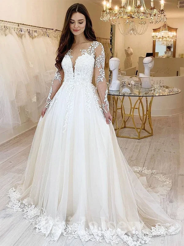 Military - inspired wedding dressA-line Tulle Long Sleeves Garden Beach Vintage Long Wedding Dresses, Dream Bridal Gown WD434