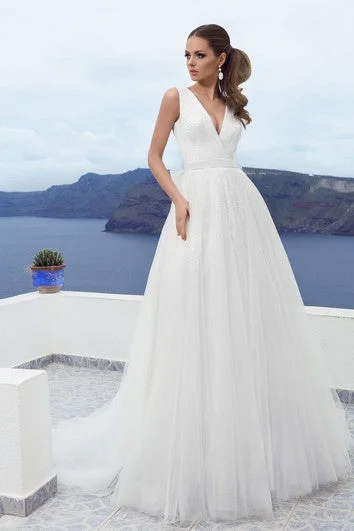 Silk - dupioni wedding dress for a luxurious feelA-line V-neck Low-V Back Tulle Floor-length Dress With Bow&Sequins Silk - dupioni wedding dress for a luxurious feelA-line V-neck Low-V Back Tulle Floor-length Dress With Bow&Sequins