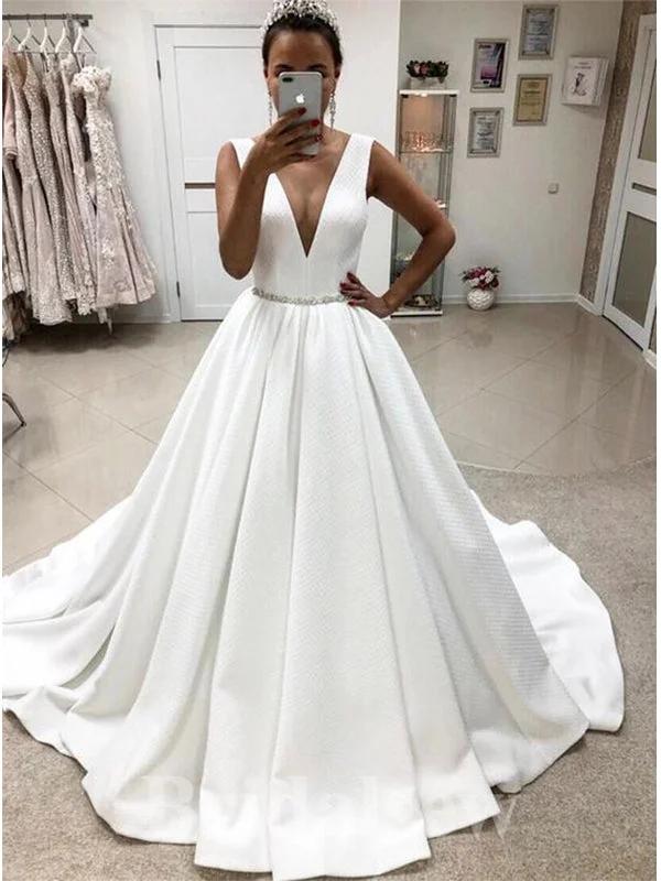 Modest - style wedding dress for a conservative brideA-line V-Neck Satin Simple Beach Vintage Long Wedding Dresses, Dream Bridal Gown WD421 Modest - style wedding dress for a conservative brideA-line V-Neck Satin Simple Beach Vintage Long Wedding Dresses, Dream Bridal Gown WD421