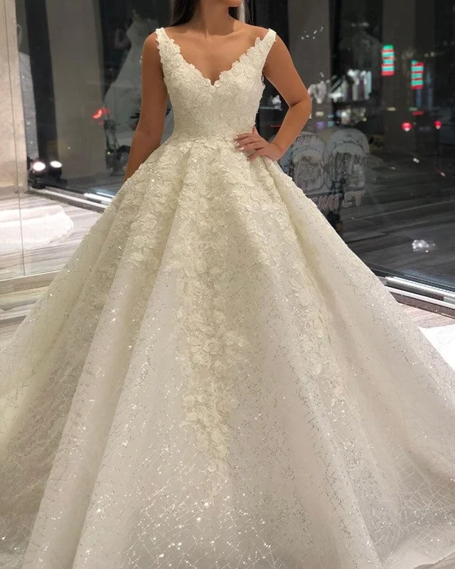 Plus - size A - line wedding dress for a comfortable fitSequins Tulle Ball Gown Wedding Dress Lace V Neck