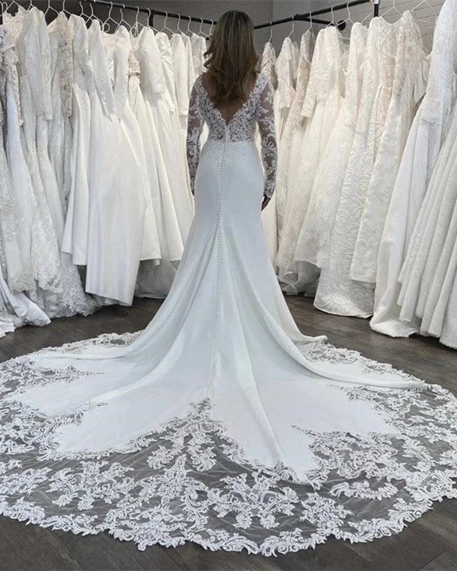 Modest - style wedding dress for a conservative brideLong Sleeves Mermaid Wedding Dress Lace Train