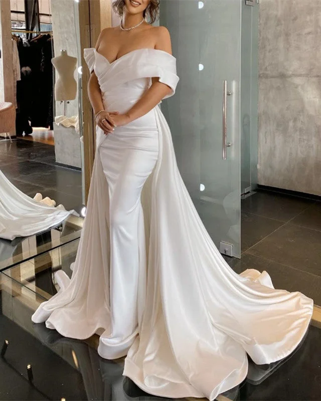 Ballroom - ready luxury wedding dressMermaid Off The Shoulder Wedding Dress Satin Sweep Train