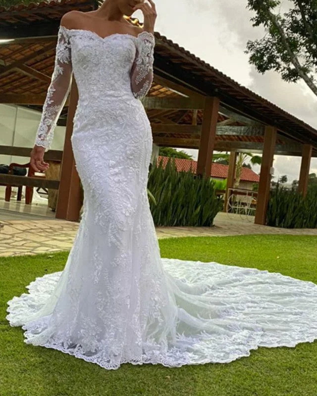 Church - suitable long - sleeved wedding dressLong Sleeves Mermaid Wedding Dress Lace Off The Shoulder