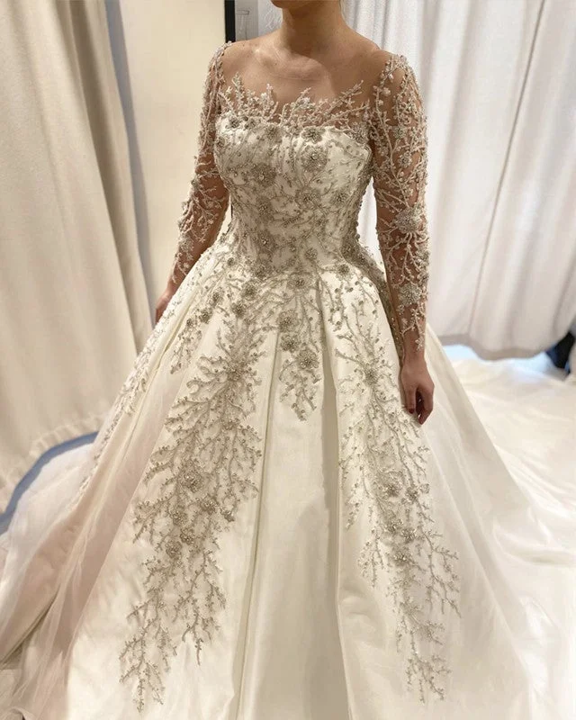 Sparkly sequined wedding dress for a glamorous brideLace Embroidery Beaded Wedding Dress Long Sleeves Ball Gown