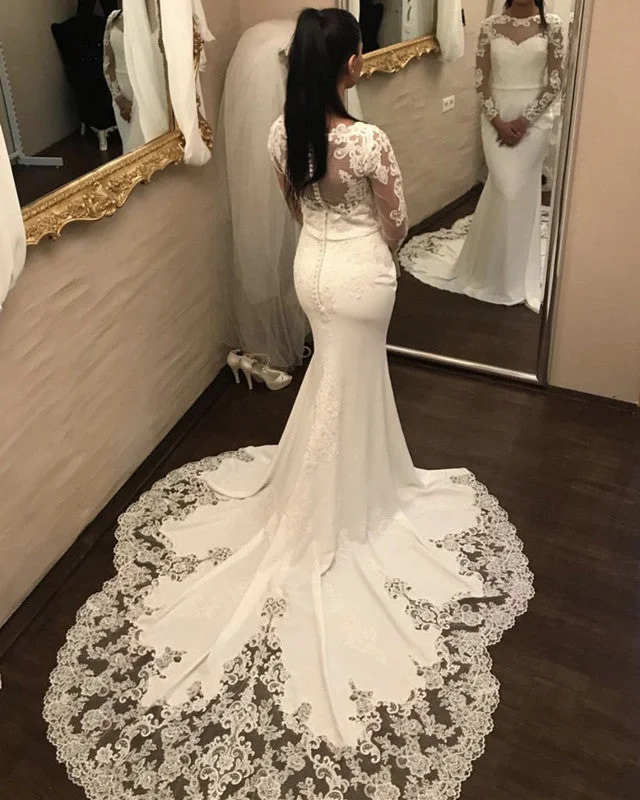 Drop - waist 1920s - style wedding dressLong Sleeves Mermaid Wedding Dress Lace Sweep Train