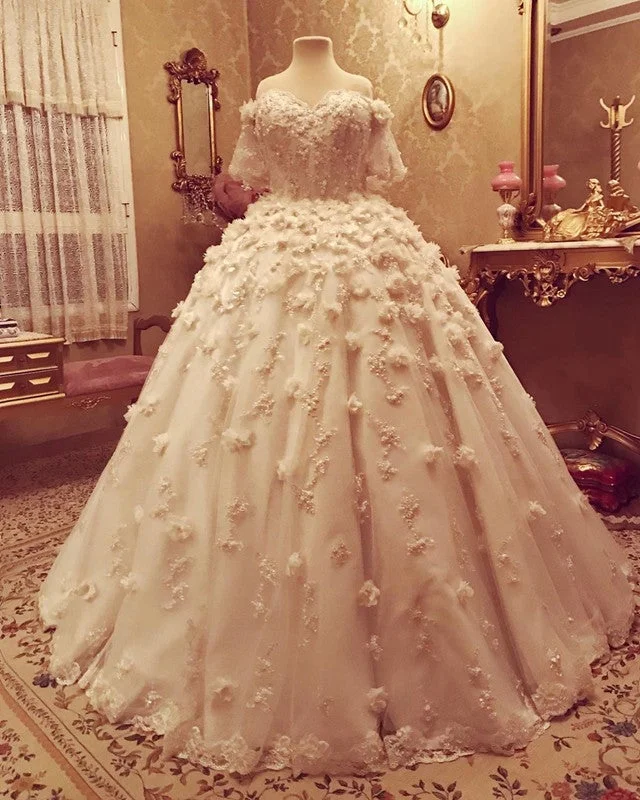 Bohemian - style off - the - shoulder wedding dressPrincess Ball Gown Wedding Dress 3D Floral Lace Flowers Off Shoulder