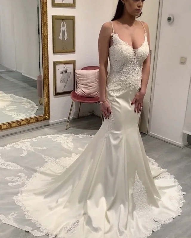Natural - fabric - made wedding dressV Neck Mermaid Wedding Dress Satin Sweep Train Lace Edge