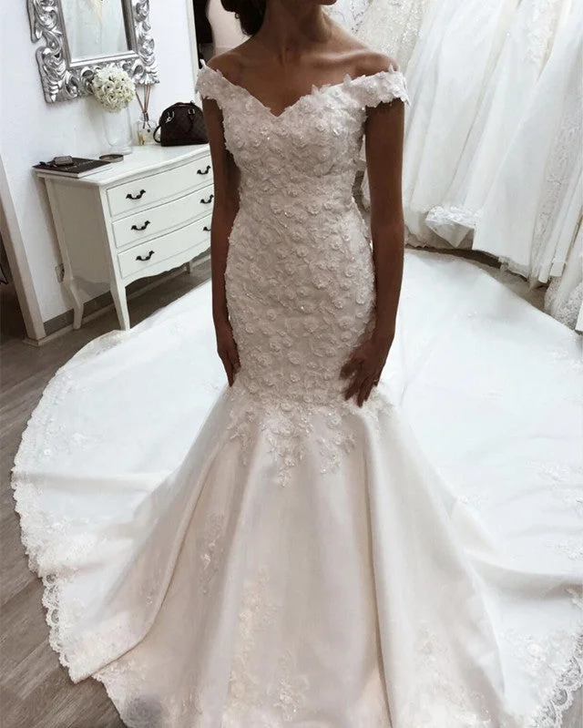 Maternity - friendly wedding dress for expecting bridesElegant Mermaid Wedding Dresses Lace Embroidery Sweep Train Off The Shoulder