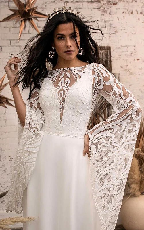 Formal satin wedding dress with a long trainAll Who Wander Kaci Jacket - Size 12