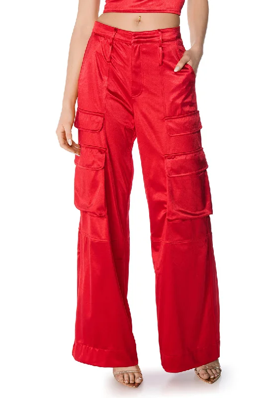 Metallic effect pants for women in a glamorous styleASTRA WIDE LEG CARGO IN RED