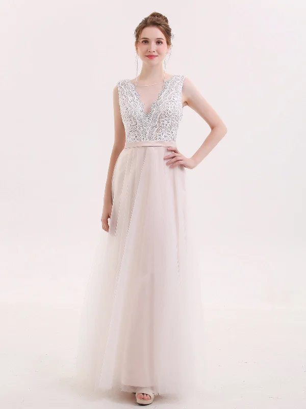 Illusion - sleeved wedding dress for a delicate lookV neck Lace Bodice Long Wedding Dress with Tulle Skirt-Champagne