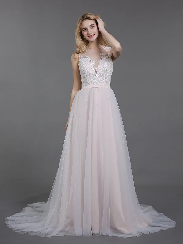 Illusion - sleeved wedding dress for a delicate lookLace and Tulle Wedding Dress with Button Back-Champagne