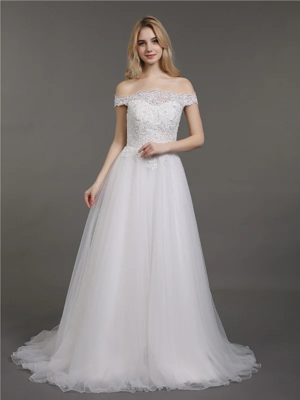 Illusion - sleeved wedding dress for a delicate lookOff the Shoulder Lace and Tulle Wedding Gown-Ivory