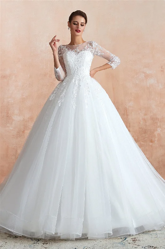 Bohemian - style off - the - shoulder wedding dressPrincess 3/4 Sleeves Long A-line White Wedding Dress with Lace Bohemian - style off - the - shoulder wedding dressPrincess 3/4 Sleeves Long A-line White Wedding Dress with Lace