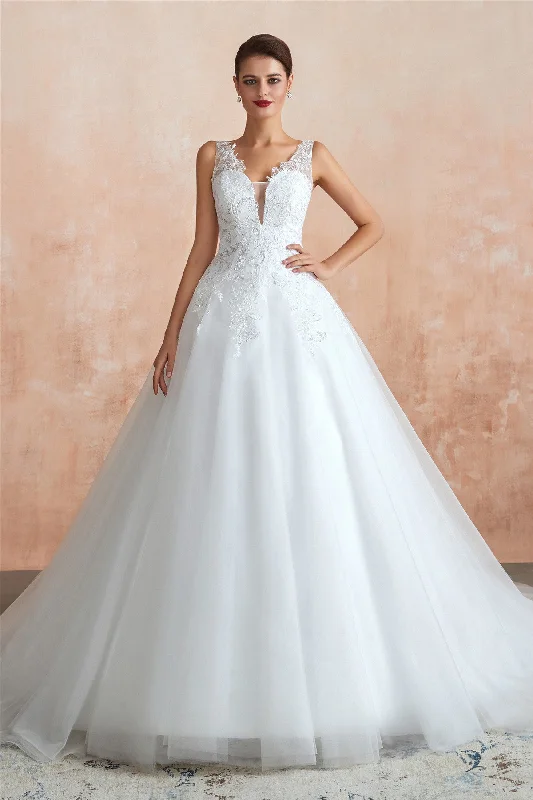 Plunging - neckline wedding dress for a bold lookPrincess Long A-line Sheer Back White Wedding Dress with Sequins Plunging - neckline wedding dress for a bold lookPrincess Long A-line Sheer Back White Wedding Dress with Sequins
