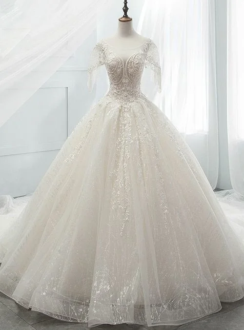 Luxury silk wedding dress with a trainBall Gown Sequins Tulle Sequins Backless With Beading Wedding Dress Prom Dresses    cg22465