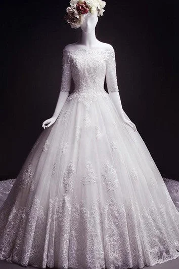 Modest - style wedding dress for a conservative brideBall Gown Off-The-Shoulder Half Sleeve Court Train Lace Dress