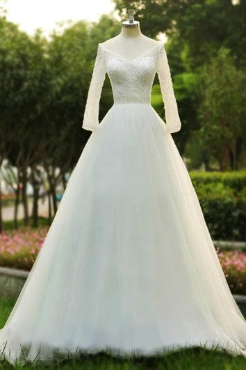 Custom - made plus size wedding dressBall Gown V-Neck Illusion Illusion Brush Train Backless Zipper Illusion Tulle Dress