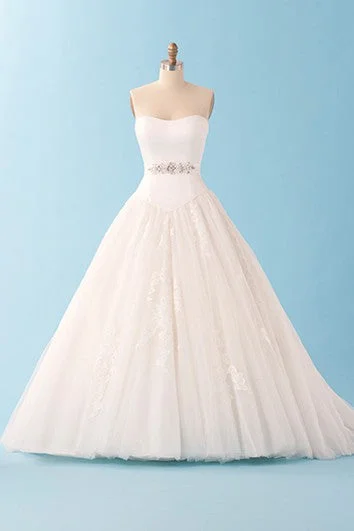 Chiffon - draped empire waist wedding dressBall Gown With Beaded Sash And Lace Applique