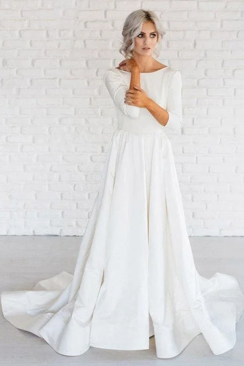 Affordable minimalist wedding dress for budget bridesBateau Neckline Satin Wedding Dress 3/4 Sleeve vestido de noiva 2019 Affordable minimalist wedding dress for budget bridesBateau Neckline Satin Wedding Dress 3/4 Sleeve vestido de noiva 2019