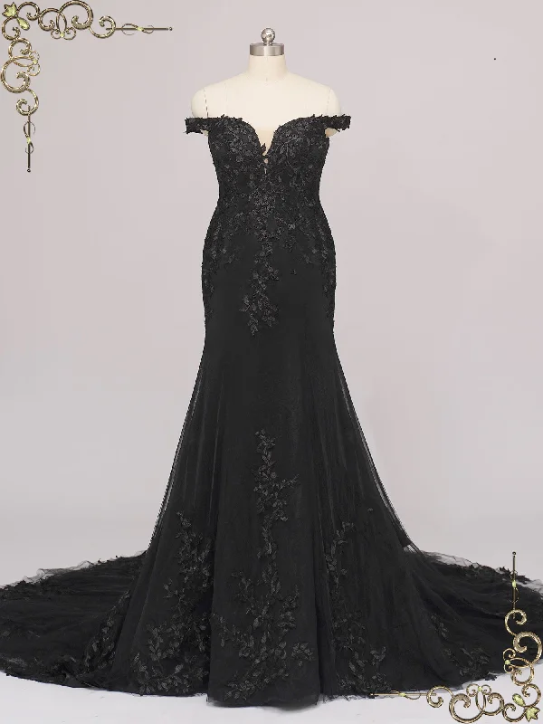 Affordable minimalist wedding dress for budget bridesBlack Lace Mermaid Wedding Dress with Off the Shoulder Neckline ELTON