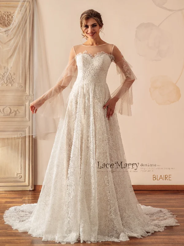 Contemporary geometric - print wedding dressBLAIRE / A Line Lace Wedding Dress with Long Sleeves