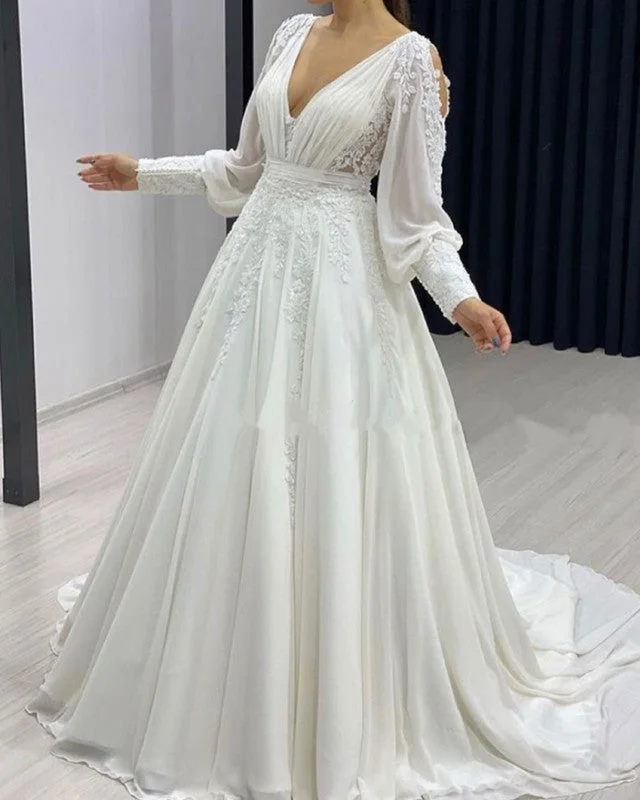 Cut - out detail modern wedding dressBoho Chiffon Wedding Dress Cold Sleeves