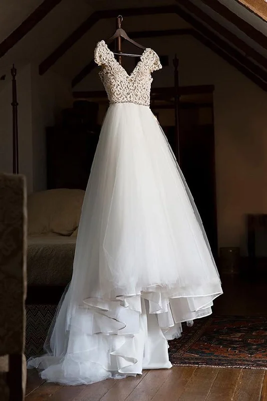 Silk - dupioni wedding dress for a luxurious feelCap Sleeve Appliques Lace Tulle Wedding Dress, Formal Bridal Gowns prom dress     cg22065