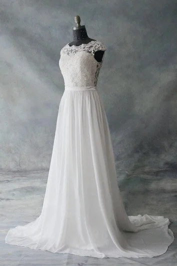 Court train A - line wedding dressCap Sleeve Chiffon and Lace Dress With Low-V Back