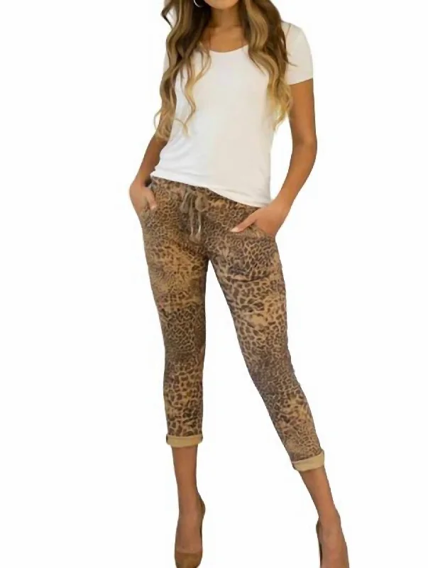 Midi length pants for women with eleganceCheetah Print Crinkle Jogger In Tan/black