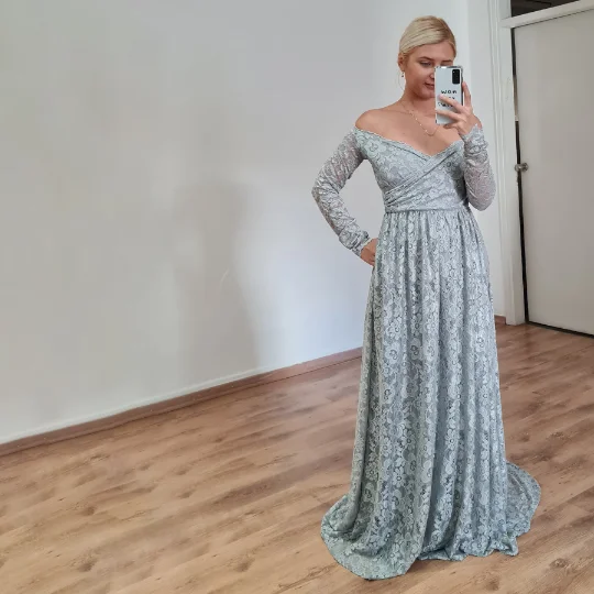 S - curve - flattering mermaid wedding dressLight Gray off the shoulder wrap wedding dress with pockets #1306