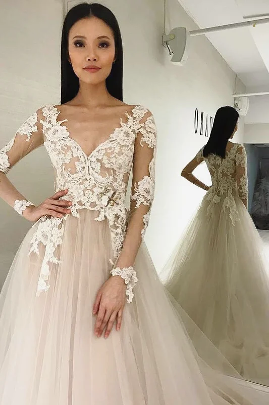 High - low hem wedding dress for a trendy touchLong Sleeves A-line V-Neck Ivory Wedding Dress with Appliques