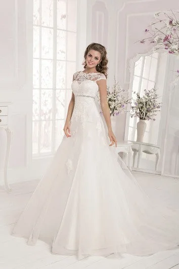 Mermaid - fit wedding dress with a trumpet skirtCrystal Detailing Cap Sleeve Heart Back Applique Dress